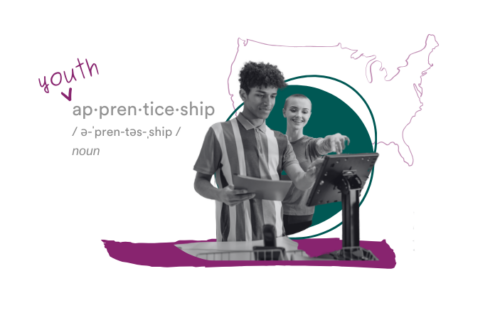 Youth apprentices work together, overlapping a stylized U.S. map and right of text that looks like the dictionary definition of 
