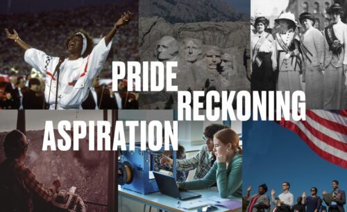 Collage of Whitney Houston, Mt. Rushmore, young people at laptop, and more under words “pride,” “reckoning,” and “aspiration.”
