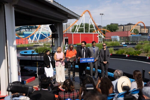 Mayor Mamdani at the press conference to announce the formation of the PIT Crew