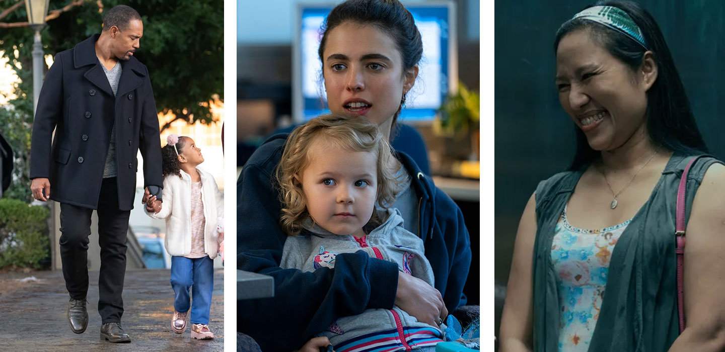 Three-panel collage of adults with children: a man walking with a child, a woman holding a young child, and a smiling woman in a headband.